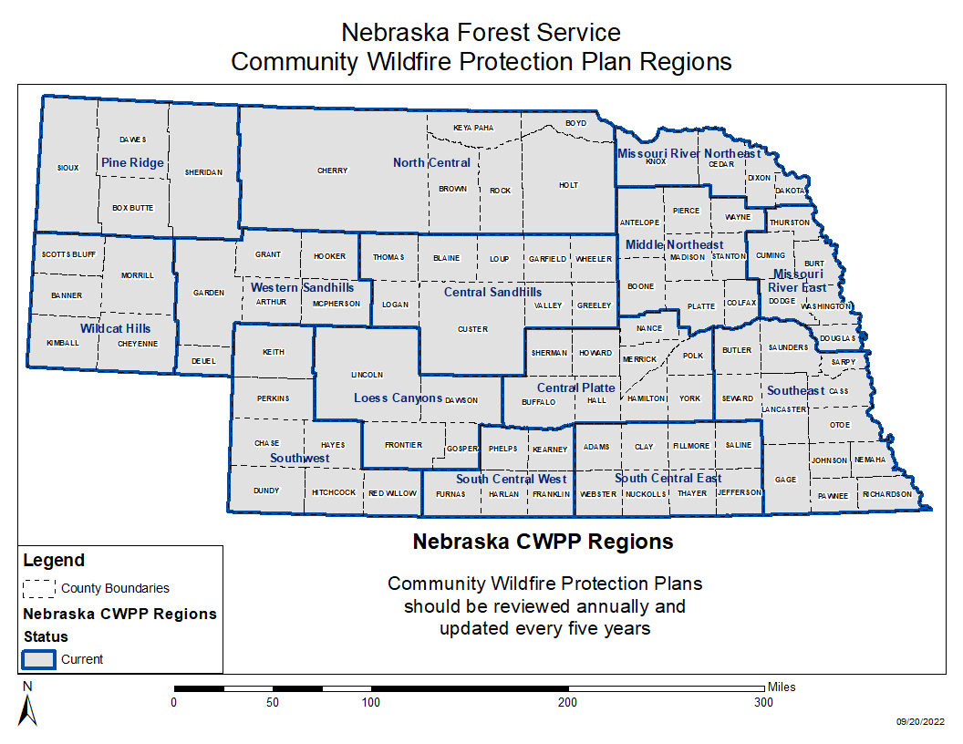 A map showing all the community wildfire protection areas of Nebraska.