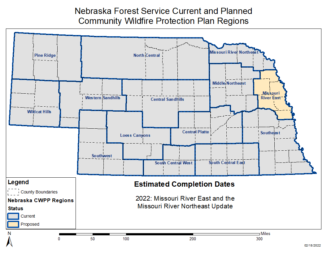 A map showing all the community wildfire protection areas of Nebraska.