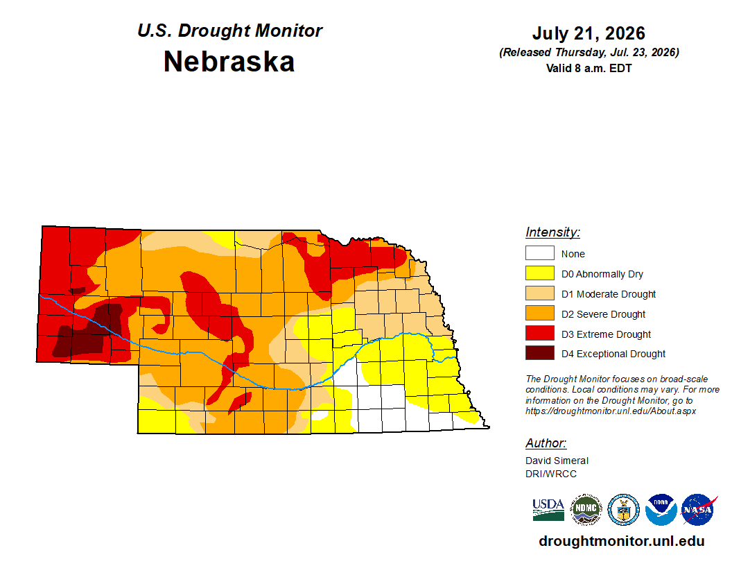 Nebraska drought map showing varying severities from none to exceptional drought, dated July 21, 2026.