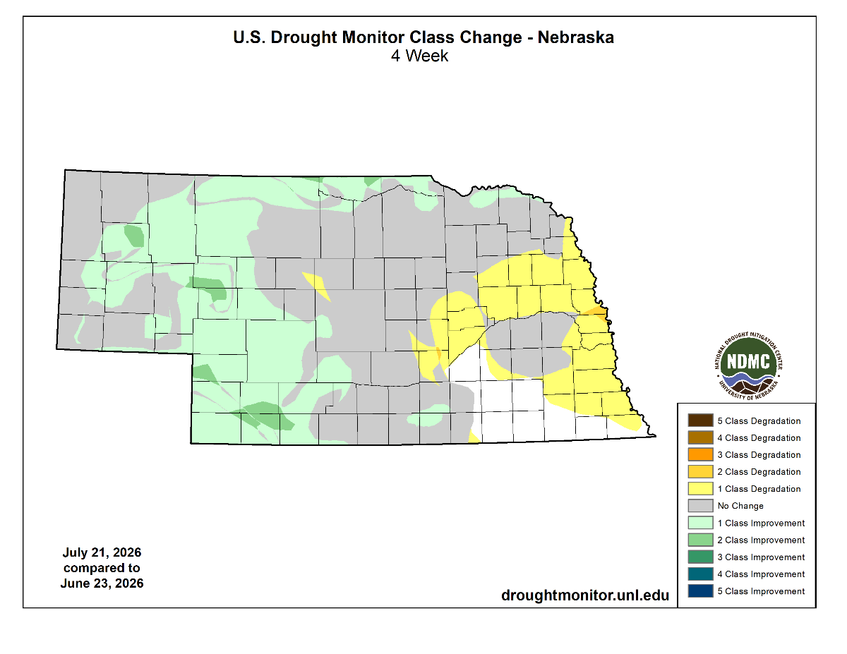 Map of Nebraska showing drought class changes over four weeks with areas in green and yellow.