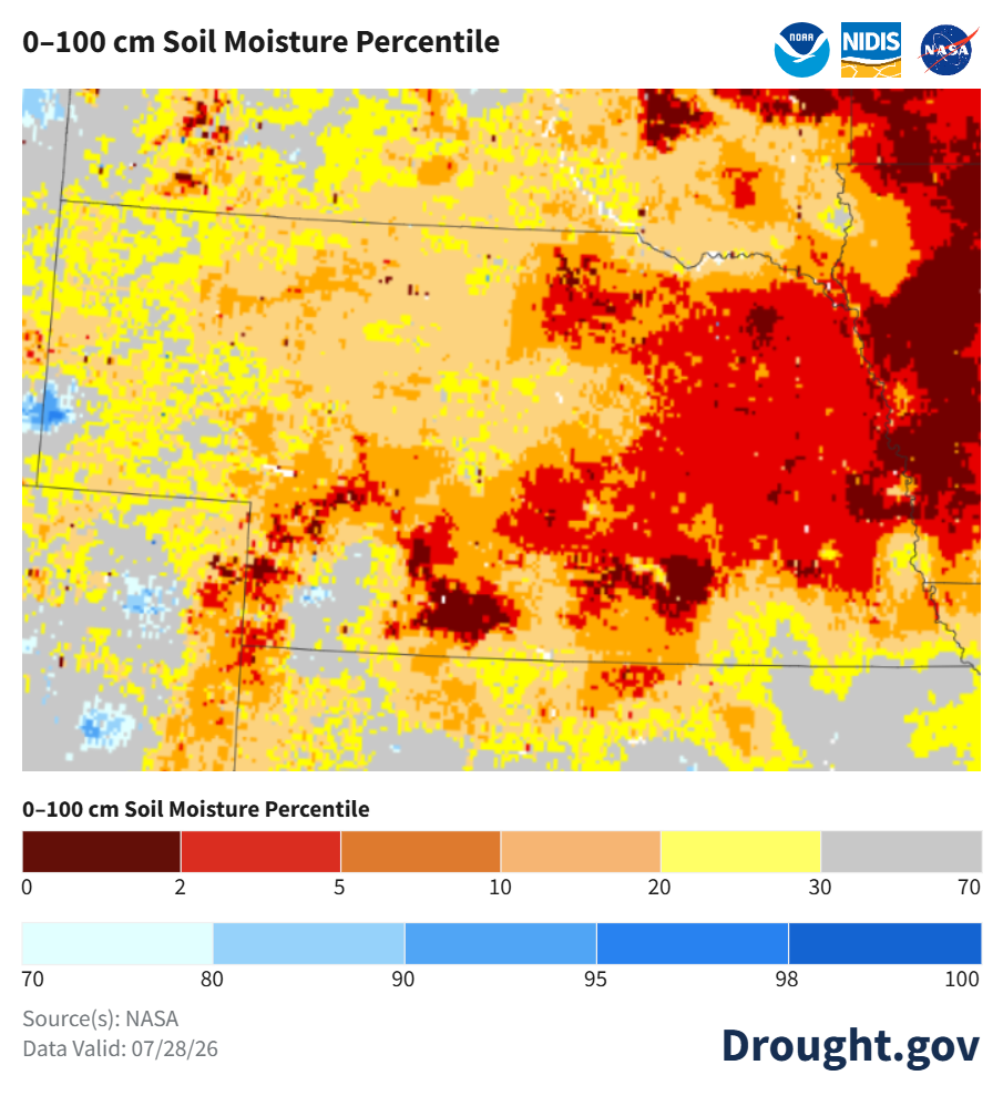 Soil moisture map with red and orange indicating dryness across regions, sourced from NASA.