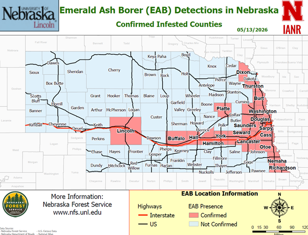 Emerald Ash Borer detections map of Nebraska showing confirmed and not confirmed counties.