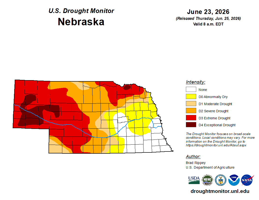 Map of Nebraska showing drought levels with red and orange shades indicating severe to extreme drought.