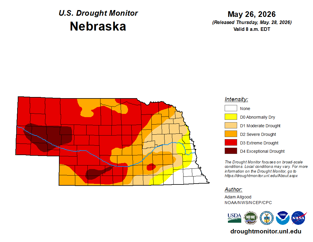 Nebraska drought map showing areas with varying drought intensities using a color-coded scale.