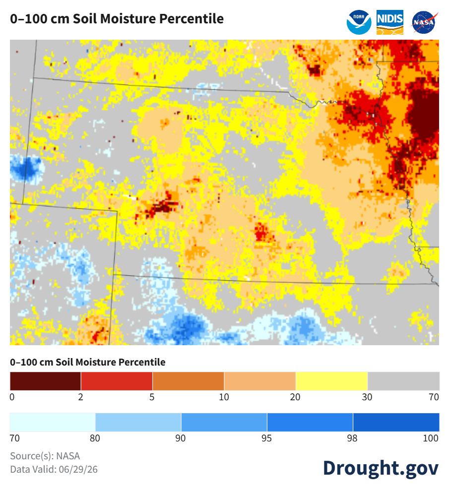 Map showing soil moisture percentiles across a region, ranging from dry red areas to wet blue areas.