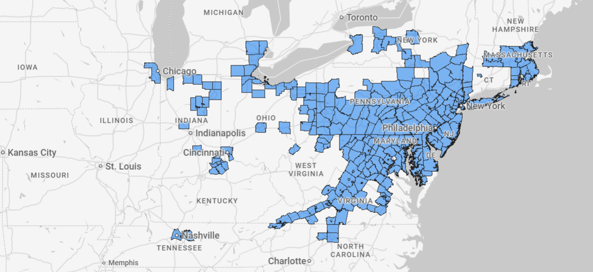 Map of eastern U.S. counties highlighted in blue, spanning states from Illinois to Maine.