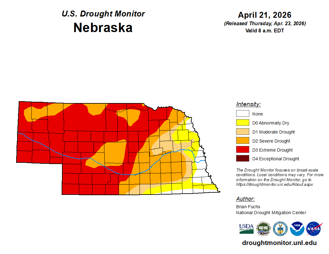 Nebraska drought map showing regions with varying intensities, from abnormally dry to exceptional drought.