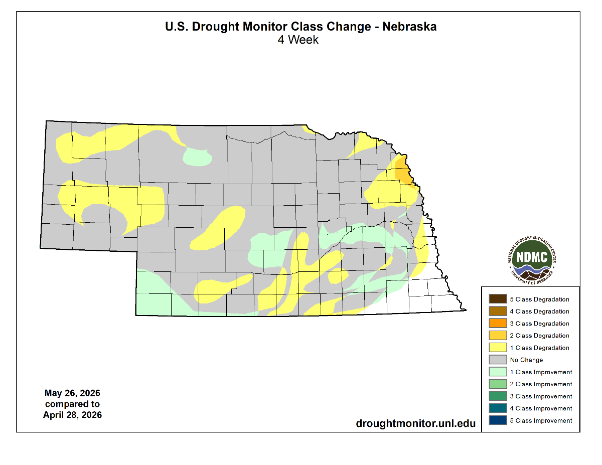 Nebraska map showing drought class changes over 4 weeks via color-coded regions.