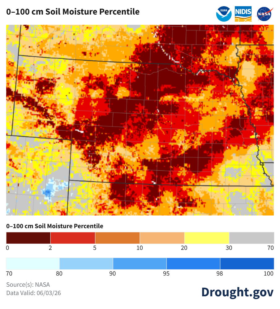 Soil moisture map with red, orange, and yellow areas indicating dryness in the central U.S.