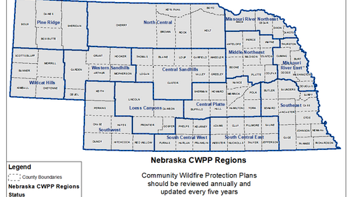 Map of Nebraska, divided into Community Wildfire Protection Plan areas.