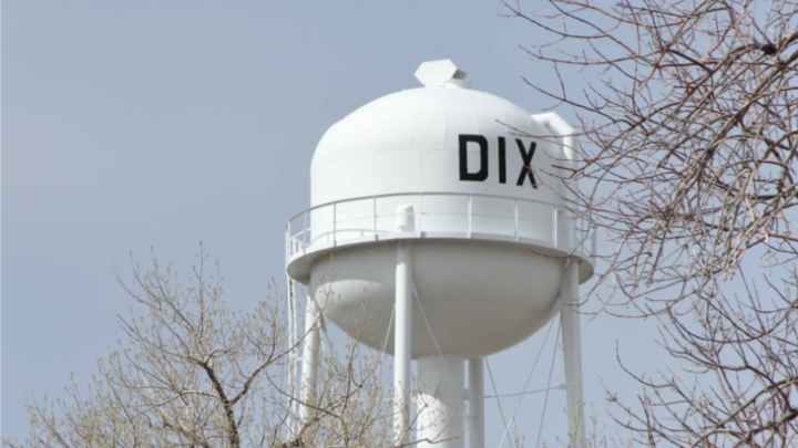 A photo of a tree line in front of the Dix Village water tower