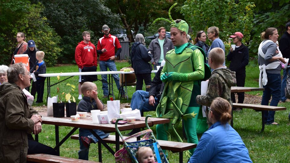 A photo of a community forestry council members dressed up in an emerald ash borer costume