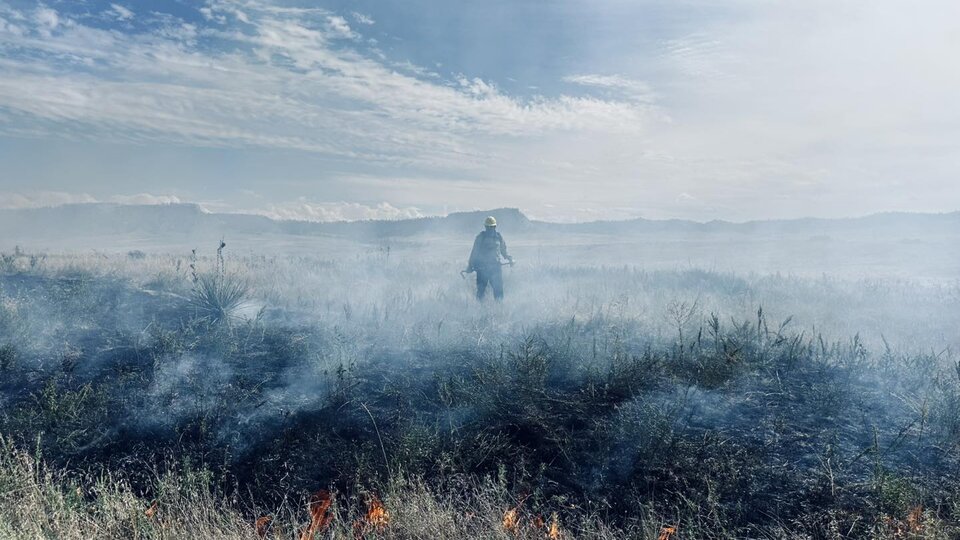 A photo of wildland firefighter standing in the black