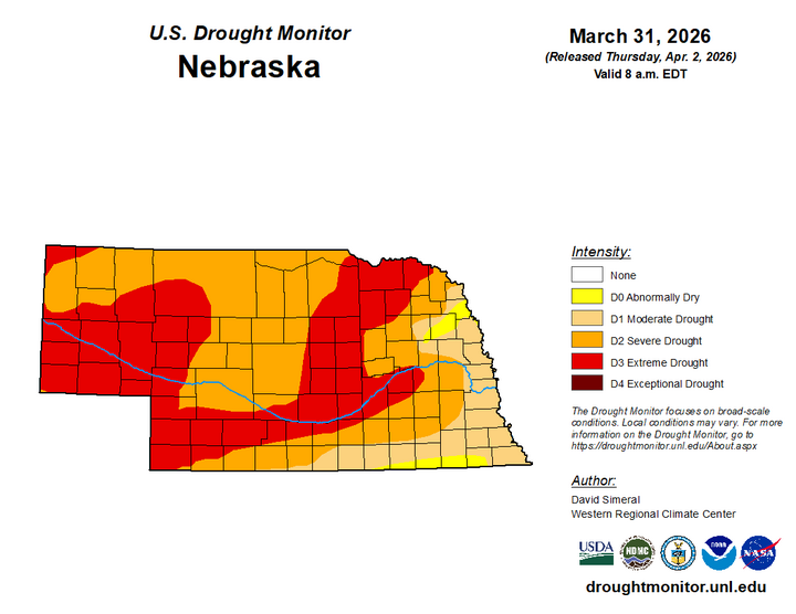 Map of Nebraska showing areas affected by drought in varying intensities, highlighted in colors.