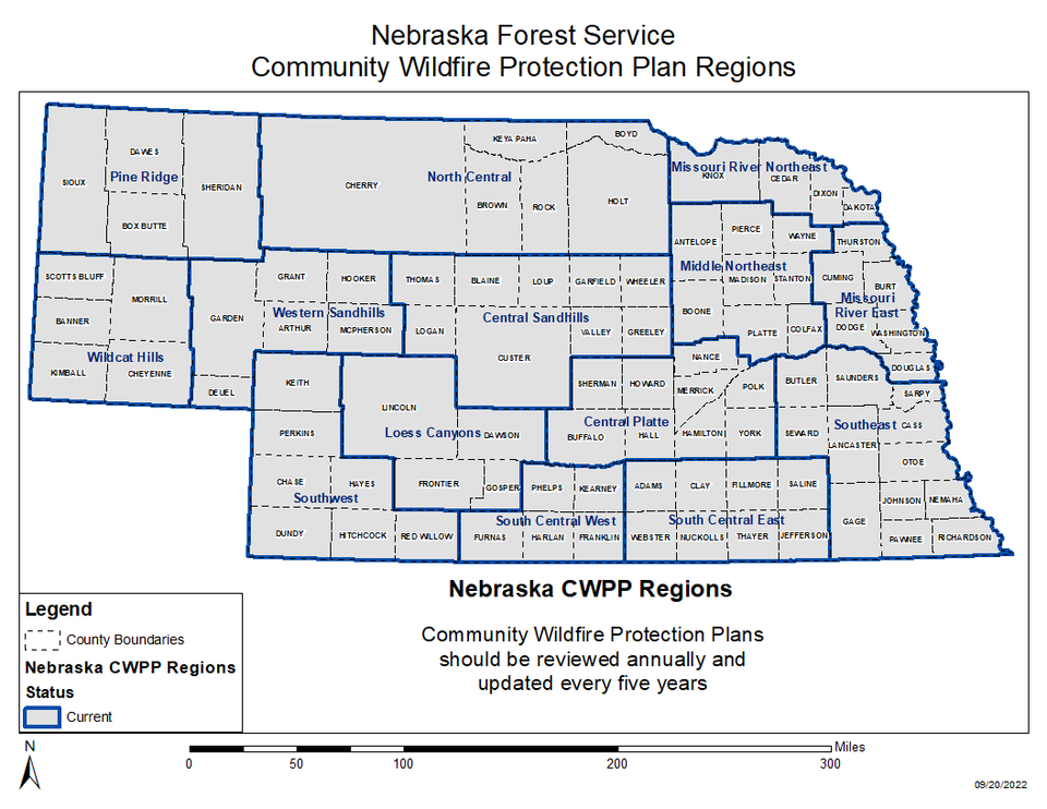 Map of Nebraska, divided into Community Wildfire Protection Plan areas.