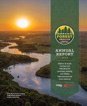 Cover image of annual report, a sun setting over a river.